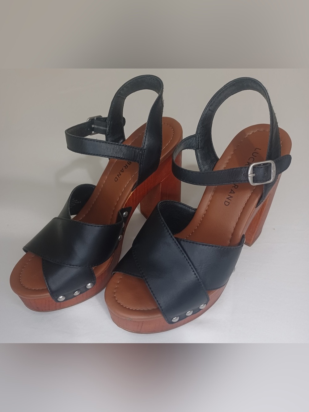 Lucky Brand Black Leather Platform Sandals with Wood Block Heel